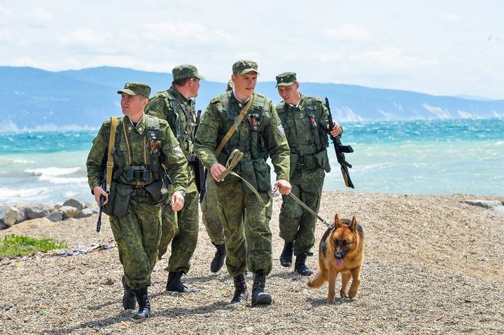 The Russian border guards are armed with light and sound grenades and rubber batons