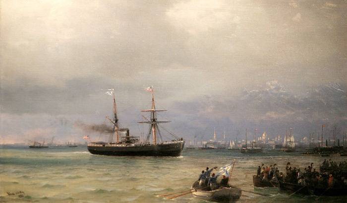 Sous seront he-rayures drapeau. «La flotte de la faim» nage en Russie