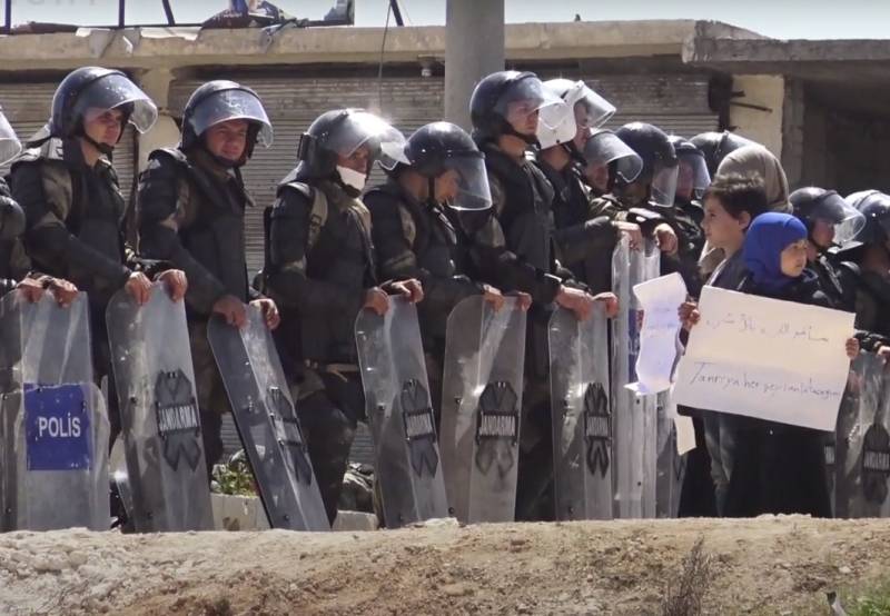 Syria, 14 April: Turkish police disperse protest at the M4 highway in Idlib